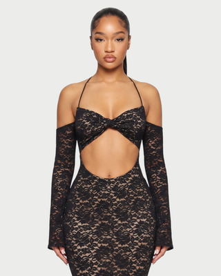ARVY Floral Lace Halter Cutout Long Sleeve Maxi Dress