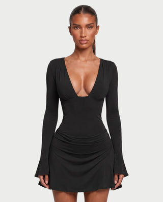 CASSANDRA Plunge Neck Long Sleeve Flared Mini Dress