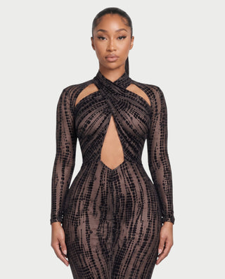 AVENLY Long Sleeve Cross-Neck Bodycon Maxi Dress
