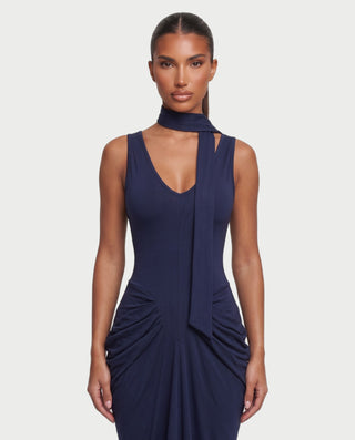 ZYRINA Long Neck Scarf Ruched Bodycon Maxi Dress