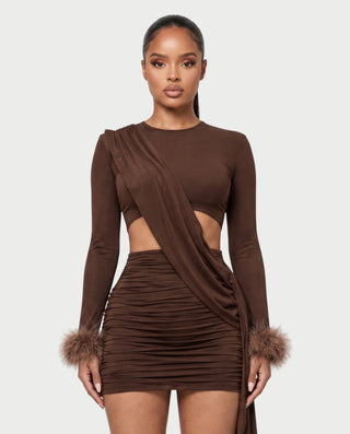 AITANA Long Sleeve Faux Fur Trim Waist Cutout Mini Dress