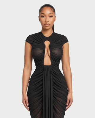 MARIEL Cap Sleeve Keyhole Cutout Ruched Sheer Maxi Dress
