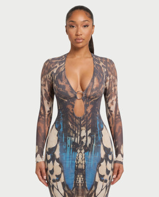 MARFINA Buckle Long-Sleeved Bodycon Maxi Dress