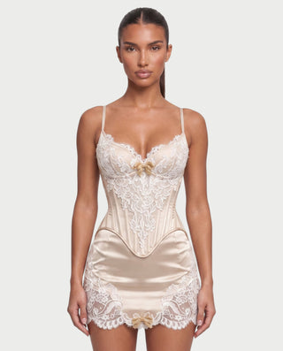 SAHAYA Lace Corset Cami Top & Lace-Trim Satin Mini Skirt Set