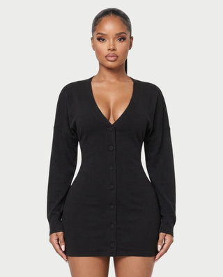 AUSTINA Deep V-Neck Button-Front Long Sleeve Mini Dress