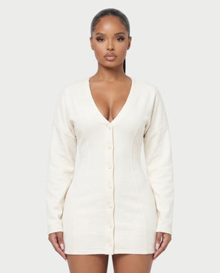 AUSTINA Deep V-Neck Button-Front Long Sleeve Mini Dress