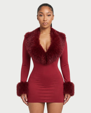 NANIA Faux Fur Trim Long Sleeve Bodycon Mini Dress