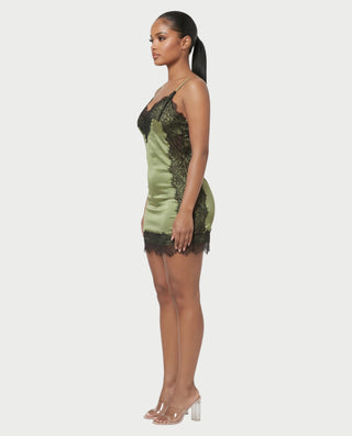 WYNN Lace Panel Satin V-Neck Slip Bodycon Mini Dress
