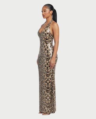 TAYARA Leopard Sequin Plunge Neck Backless Maxi Dress