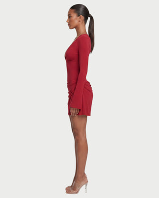 CASSANDRA Plunge Neck Long Sleeve Flared Mini Dress
