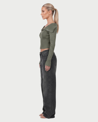 ARMINDA Washed Off-Shoulder Foldover Knit Sweater