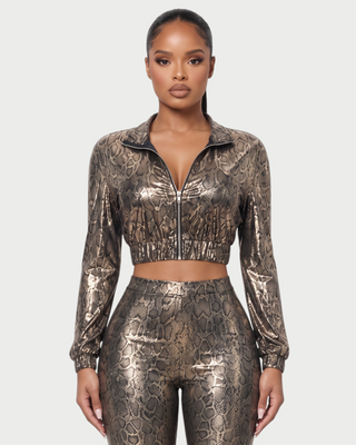 LYRAN Snakeskin Print Cropped Zip-Up Jacket & Capri Pants Set