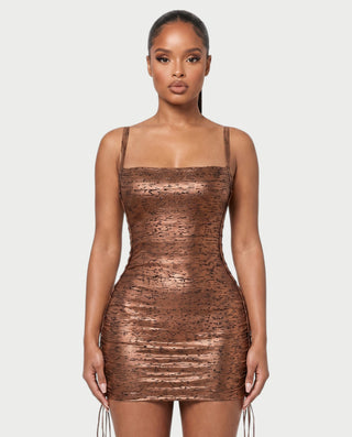 ZAKIYA Lace-Up Side Square-Neck Metallic Mini Dress