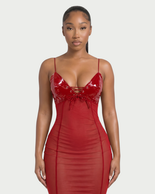 KYLAR Faux Leather Lace-Up Deep V Mesh Maxi Dress