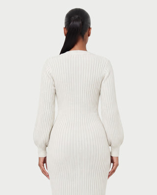 KIVA V-Neck Ribbed Knit Balloon Sleeve Maxi Dress