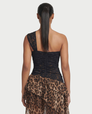 AZZY Leopard Print Ruffle Skirt One-Shoulder Lace Maxi Dress