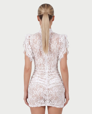 ODETTE Mock Neck Sheer Lace Bodycon Mini Dress