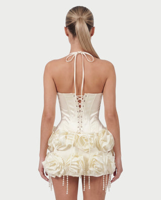 AVIRNA Satin Halter Corset Top & Rose Pearl Mini Skirt Set
