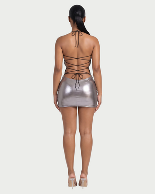 ZAIRE Metallic Halter Neck Lace-Up Back Bodycon Mini Dress