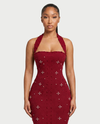 SHIVINA Beaded Halter Open-Back Bodycon Maxi Dress