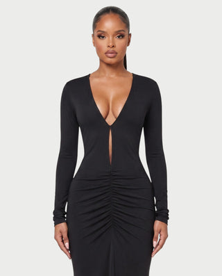 MINEA Plunge Cutout Long-Sleeve Ruched Bodycon Maxi Dress