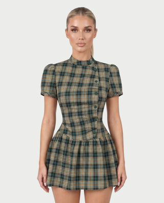 MIRIANA Plaid Mock Neck Puff Sleeve Button Detail Mini Dress