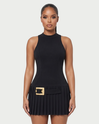 RETTA Mock Neck Belted Pleated Mini Dress