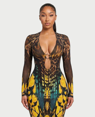 MARFINA Buckle Long-Sleeved Bodycon Maxi Dress