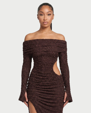 ADARNA Off-Shoulder Long Sleeve Cutout Textured Bodycon Maxi Dress