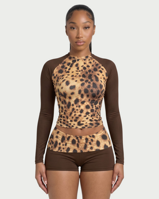 ADAIR Leopard Print Contrast Long Sleeve Top & Mini Shorts Set