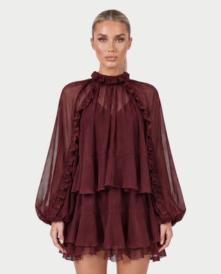 NAVIA Ruffle Mock Neck Long Sleeve Mini Dress