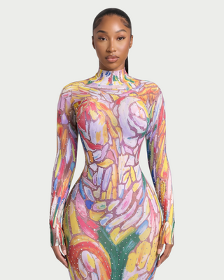 DALLIE Abstract Print Rhinestone Mock Neck Maxi Dress