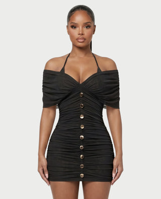 VANE Halter Neck Off-Shoulder Ruched Bodycon Mini Dress