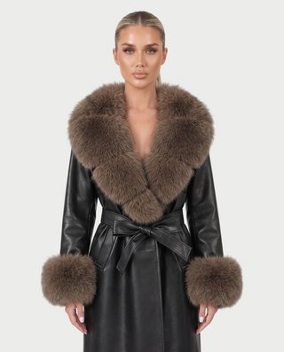 ZAMICA Faux Leather Faux Fur Collar Belted Trench Coat