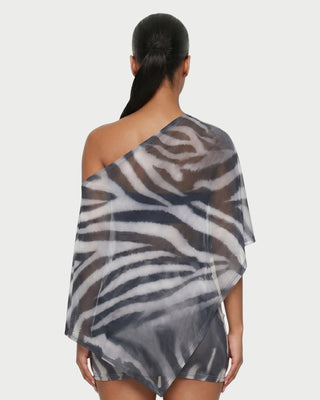 OVALINE Sheer Zebra Print One-Shoulder Top & Mini Skirt Set