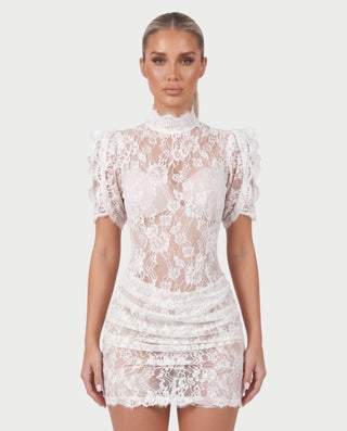 ODETTE Mock Neck Sheer Lace Bodycon Mini Dress