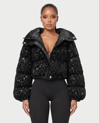 RENYA Sequin Hooded Cropped Zip-Up Puffer Jacket