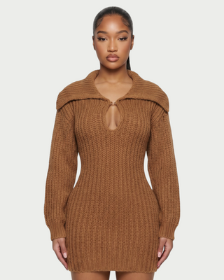 JOSA Wide Collar Long Sleeve Knit Mini Dress