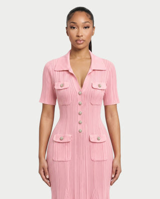 TINLEY Collared Button-Front Ribbed Knit Pocket Maxi Dress