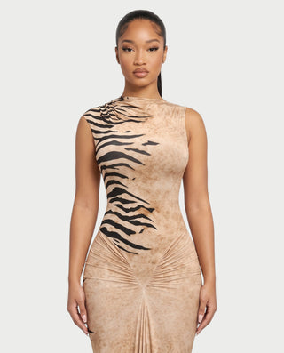 ALMARA Zebra Ruched Open-Back Bodycon Maxi Dress