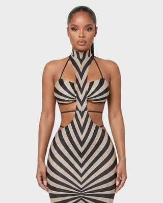 JIHYE Zebra Strappy Mock Neck Bodycon Maxi Dress