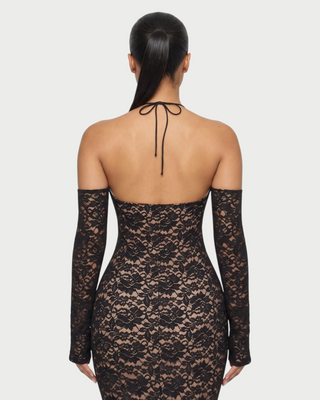 ARVY Floral Lace Halter Cutout Long Sleeve Maxi Dress