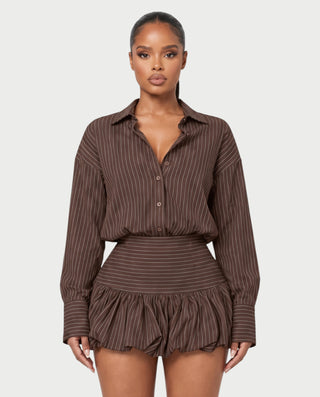 MILANA Striped Long Sleeve Shirt Top & Ruffle Mini Skirt Set