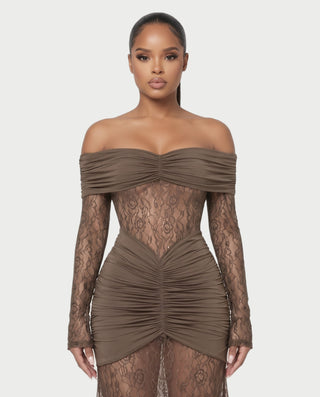 MORLA Off Shoulder Floral Lace Ruched Maxi Dress