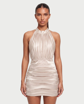 JAYDE Halter Neck Pleated Bodice Bodycon Mini Dress