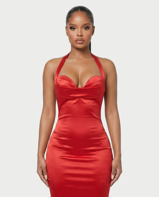 NORMA Satin Halter Bustier Bodycon Midi Dress