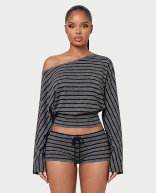 IMARA Striped Off-Shoulder Top & Drawstring Shorts Set