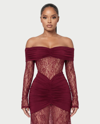 MORLA Off Shoulder Floral Lace Ruched Maxi Dress