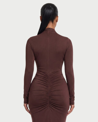 AVILINA Cross-Halter Ruched Bodycon Maxi Dress