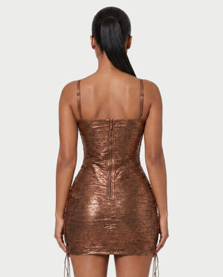 ZAKIYA Lace-Up Side Square-Neck Metallic Mini Dress